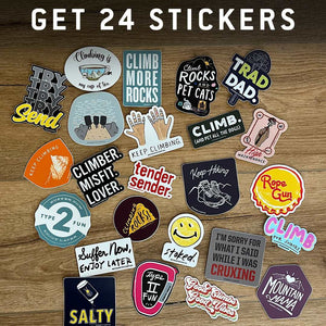 Set of 24 climbing and hiking stickers from Dynamite Starfish.