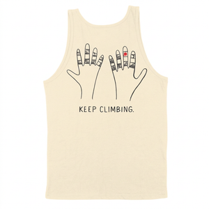 Natural-color tank back with taped hands illustration and Keep Climbing text