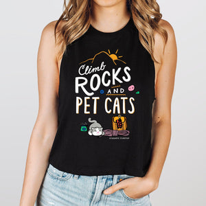 rock climbing t-shirts gifts - -Climb Rocks and Pet Cats — Racerback Crop Tank - Dynamite Starfish - gift for climber