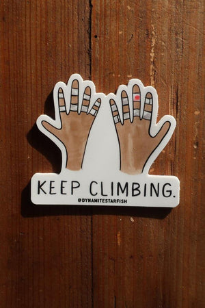 rock climbing t-shirts gifts - Stickers-Keep Climbing Taped Hands — 3" Sticker - Dynamite Starfish - gift for climber