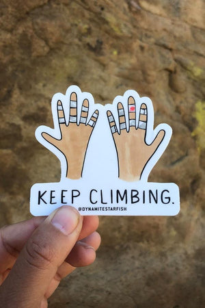 rock climbing t-shirts gifts - Stickers-Keep Climbing Taped Hands — 3" Sticker - Dynamite Starfish - gift for climber