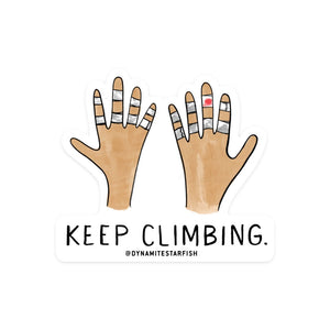 rock climbing t-shirts gifts - Stickers-Keep Climbing Taped Hands — 3" Sticker - Dynamite Starfish - gift for climber