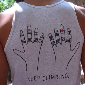 rock climbing t-shirts gifts - Unisex Tank Tops-Keep Climbing Taped Hands Unisex Triblend Tank — Quartz Monzonite - Dynamite Starfish - gift for climber
