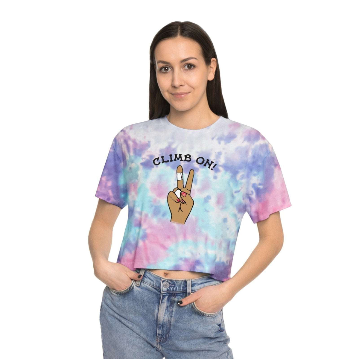 rock climbing t-shirts gifts - Women's T-Shirts-Climb On Manicure — Women's Tie Dye Crop Tee - Dynamite Starfish - gift for climber
