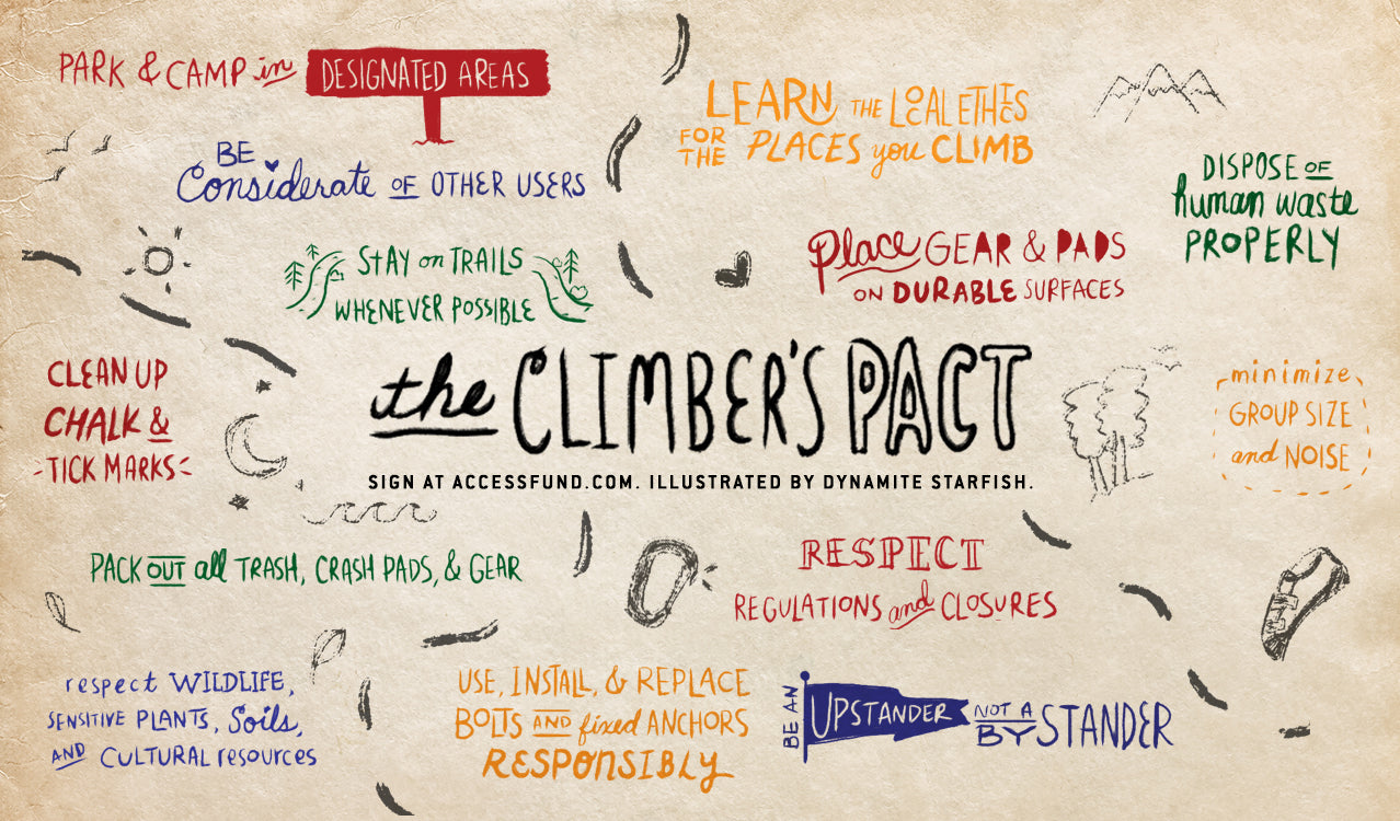 access fund climber's pact postcard illustration outdoor ethics education leave no trace leave it better than you found it give back