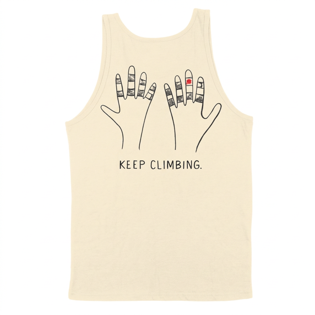 Natural-color tank back with taped hands illustration and Keep Climbing text