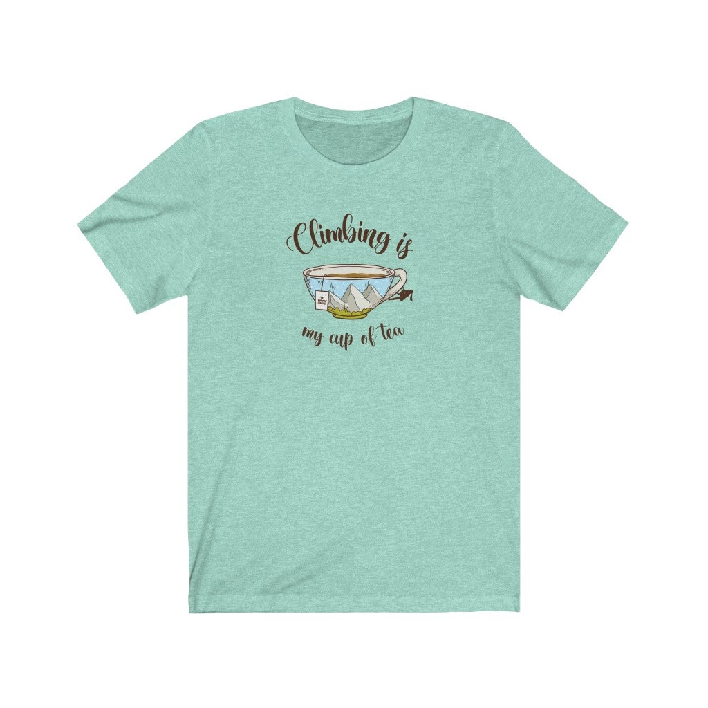 rock climbing t-shirts gifts - Unisex T-Shirts-Climbing is My Cup of Tea — Unisex Rock Climbing T-Shirt - Dynamite Starfish - gift for climber