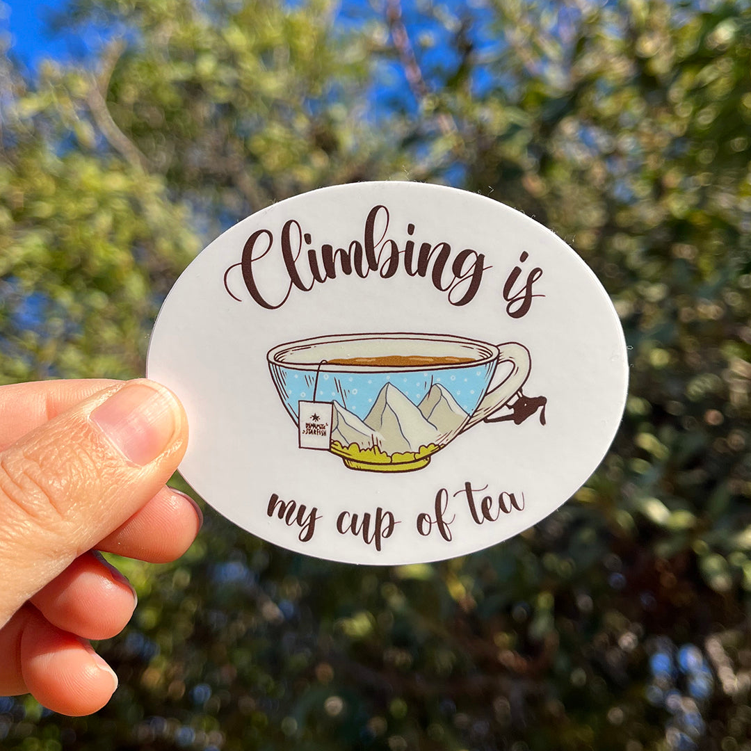 rock climbing t-shirts gifts - Stickers-Climbing is My Cup of Tea — 3" Sticker - Dynamite Starfish - gift for climber