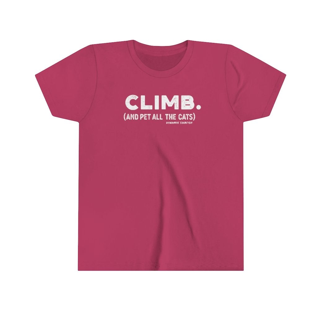 rock climbing t-shirts gifts - Youth T-Shirts-Climb and Pet All the Cats — Youth Kids' Rock Climbing T-Shirt - Dynamite Starfish - gift for climber