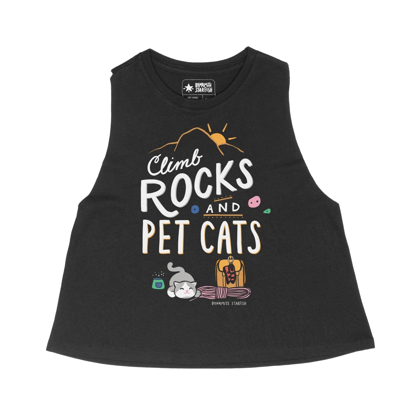 rock climbing t-shirts gifts - -Climb Rocks and Pet Cats — Racerback Crop Tank - Dynamite Starfish - gift for climber