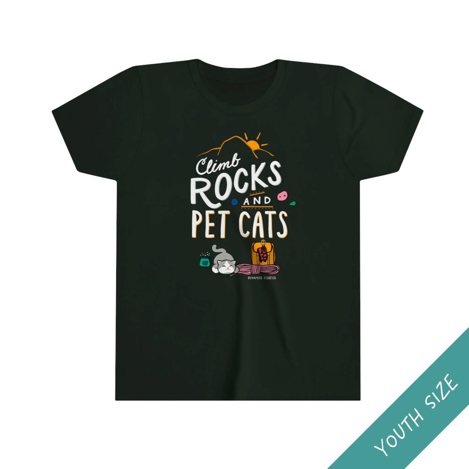 rock climbing t-shirts gifts - Youth T-Shirts-Climb Rocks and Pet Cats — Youth Kids' Rock Climbing T-Shirt - Dynamite Starfish - gift for climber