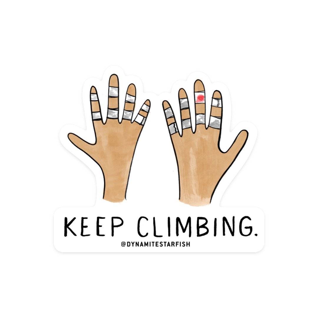 rock climbing t-shirts gifts - Stickers-Keep Climbing Taped Hands — 3" Sticker - Dynamite Starfish - gift for climber